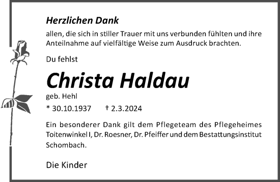 Traueranzeige von Christa Haldau von Ostsee-Zeitung GmbH