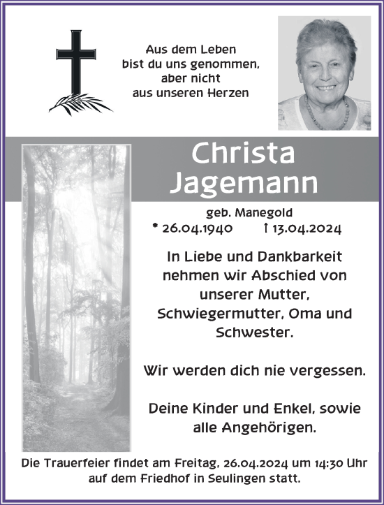 Traueranzeige von Christa Jagemann von Göttinger Tageblatt