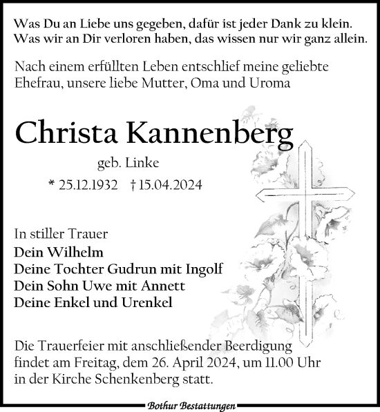 Traueranzeige von Christa Kannenberg von Leipziger Volkszeitung