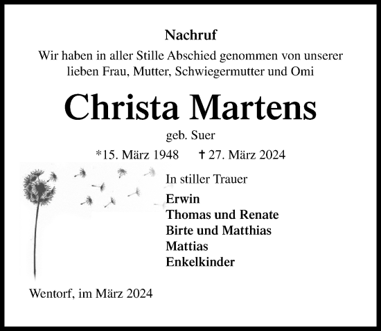 Traueranzeige von Christa Martens von Lübecker Nachrichten
