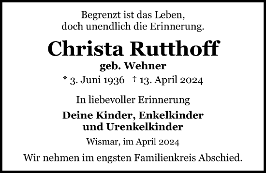 Traueranzeige von Christa Rutthoff von Ostsee-Zeitung GmbH