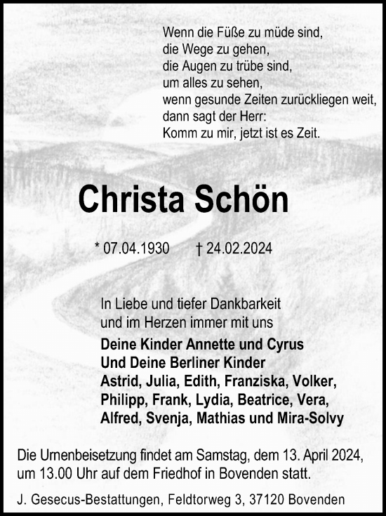 Traueranzeige von Christa Schön von Göttinger Tageblatt