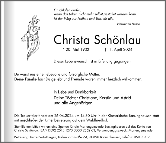 Traueranzeige von Christa Schönlau von Hannoversche Allgemeine Zeitung/Neue Presse