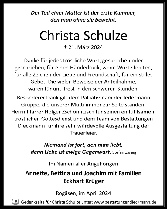 Traueranzeige von Christa Schulze von Märkischen Allgemeine Zeitung