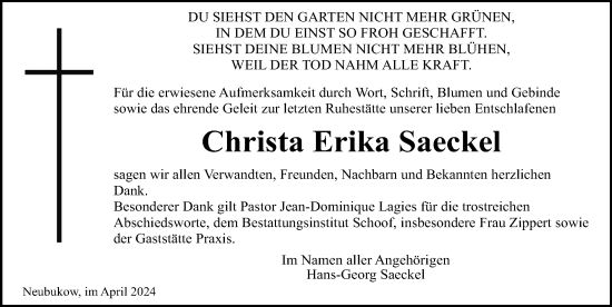 Traueranzeige von Christa Erika Saeckel von Ostsee-Zeitung GmbH