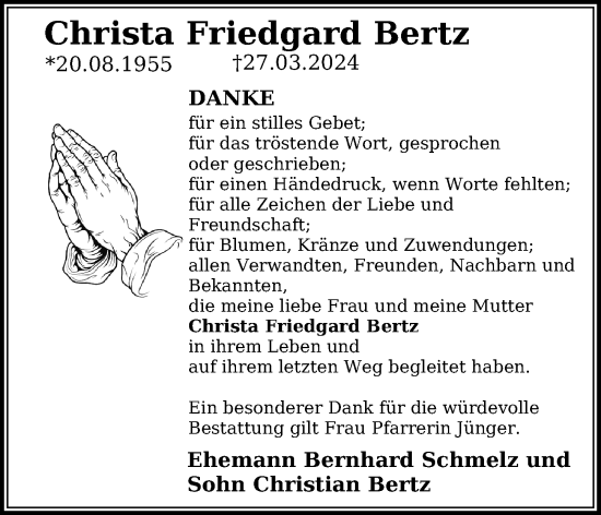Traueranzeige von Christa Friedgard Bertz von Märkischen Allgemeine Zeitung