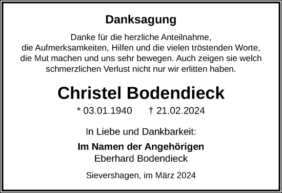 Traueranzeige von Christel Bodendieck von Ostsee-Zeitung GmbH