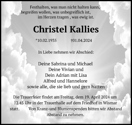 Traueranzeige von Christel Kallies von Ostsee-Zeitung GmbH