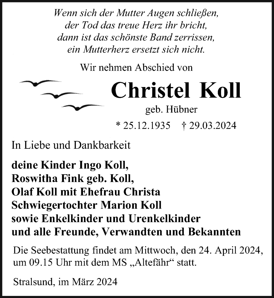  Traueranzeige für Christel Koll vom 06.04.2024 aus Ostsee-Zeitung GmbH