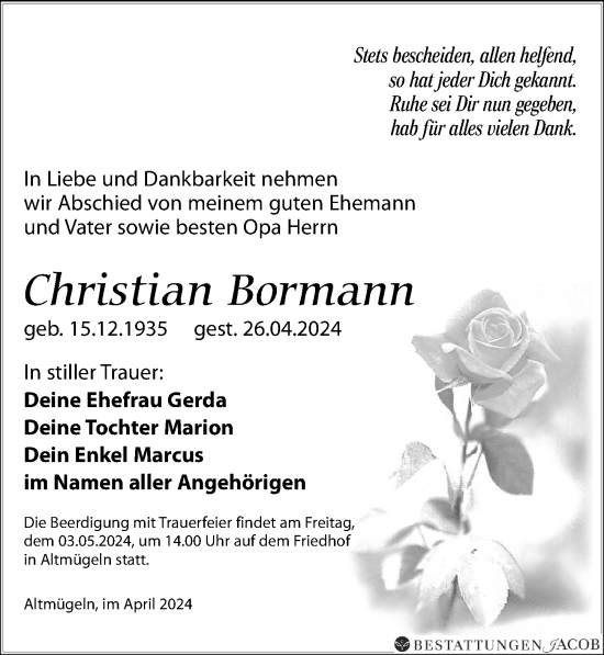 Traueranzeige von Christian Bormann von Leipziger Volkszeitung