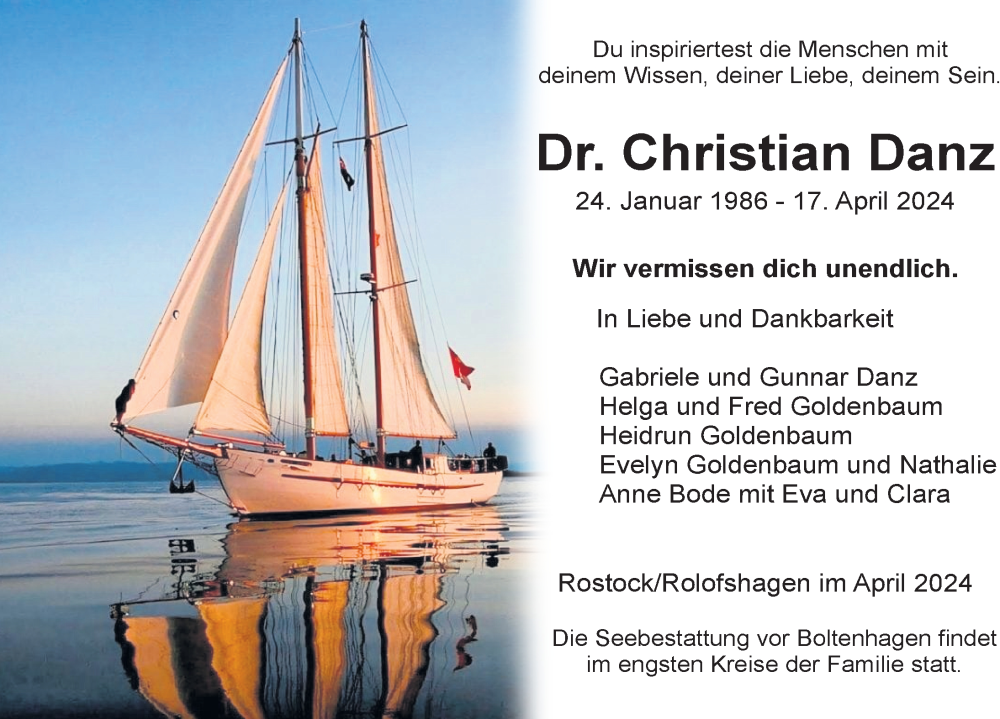  Traueranzeige für Christian Danz vom 27.04.2024 aus Ostsee-Zeitung GmbH