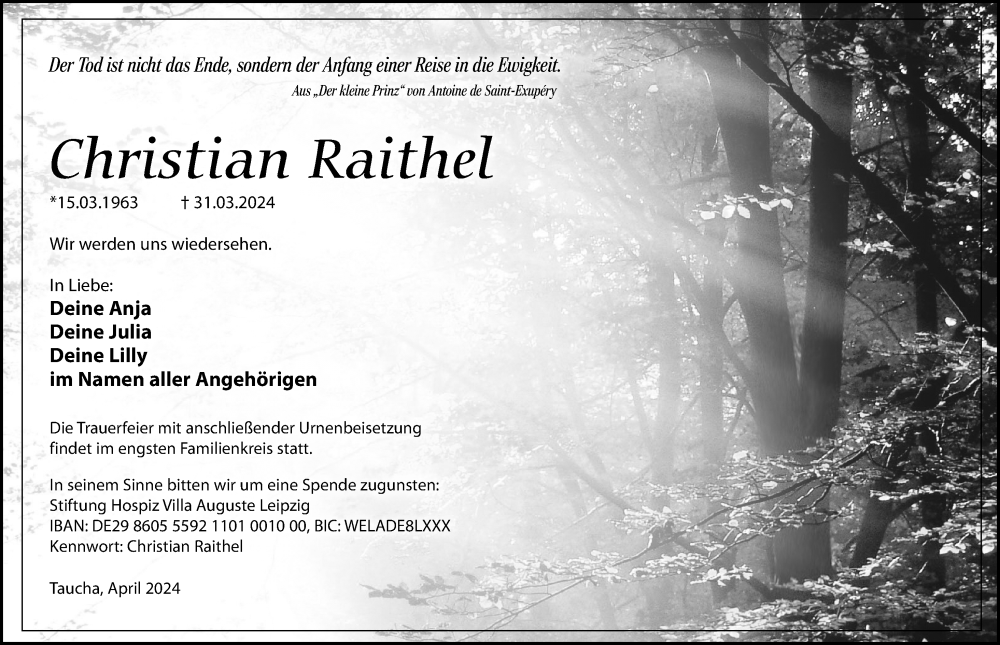  Traueranzeige für Christian Raithel vom 13.04.2024 aus Leipziger Volkszeitung