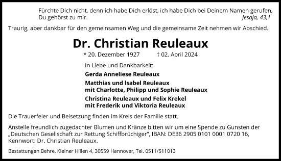 Traueranzeige von Christian Reuleaux von Hannoversche Allgemeine Zeitung/Neue Presse