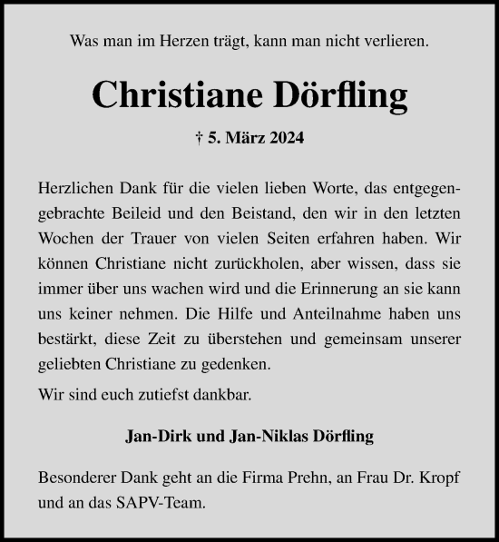 Traueranzeige von Christiane Dörfling von Ostsee-Zeitung GmbH