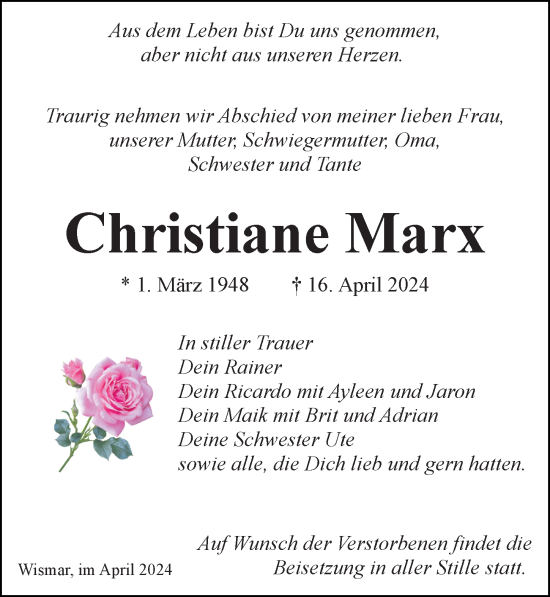 Traueranzeige von Christiane Marx von Ostsee-Zeitung GmbH