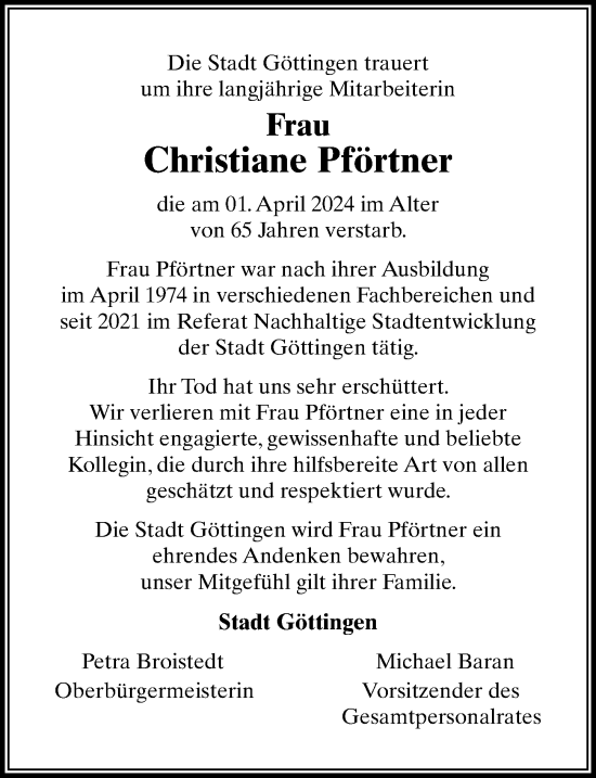 Traueranzeige von Christiane Pförtner von Göttinger Tageblatt