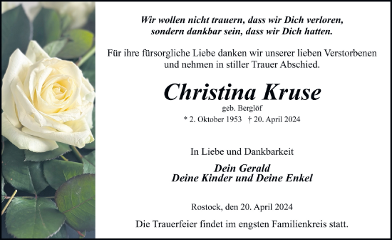 Traueranzeige von Christina Kruse von Ostsee-Zeitung GmbH