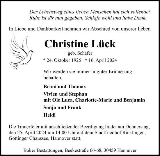 Traueranzeige von Christine Lück von Hannoversche Allgemeine Zeitung/Neue Presse