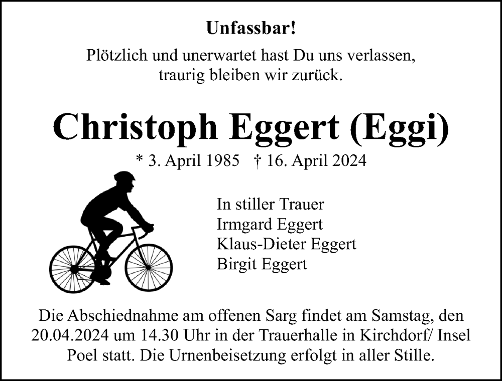  Traueranzeige für Christoph Eggert vom 20.04.2024 aus Ostsee-Zeitung GmbH