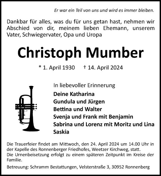 Traueranzeige von Christoph Mumber von Hannoversche Allgemeine Zeitung/Neue Presse