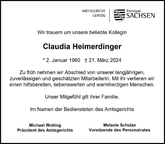 Traueranzeige von Claudia Heimerdinger von Leipziger Volkszeitung