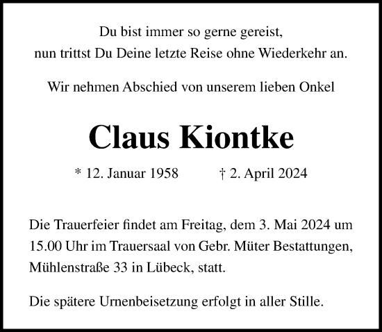 Traueranzeige von Claus Kiontke von Lübecker Nachrichten