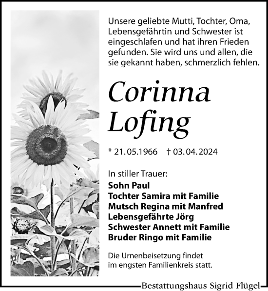 Traueranzeige von Corinna Lofing von Leipziger Volkszeitung