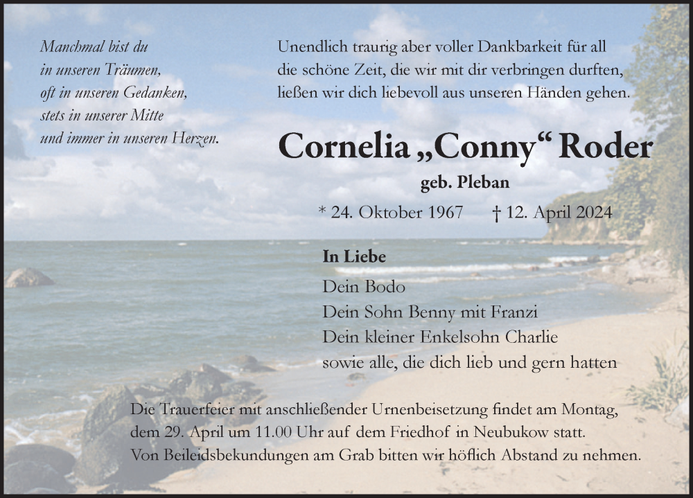  Traueranzeige für Cornelia Roder vom 20.04.2024 aus Ostsee-Zeitung GmbH