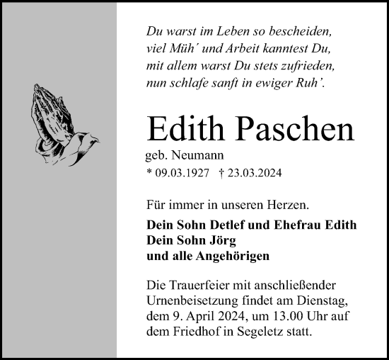 Traueranzeige von Edith Paschen von Wochenspiegel Brandenburg