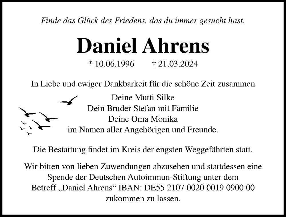  Traueranzeige für Daniel Ahrens vom 06.04.2024 aus Ostsee-Zeitung GmbH