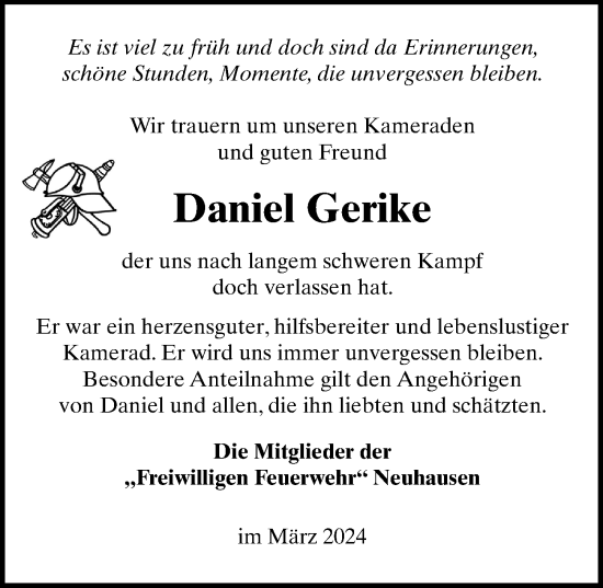 Traueranzeige von Daniel Gerike von Märkischen Allgemeine Zeitung