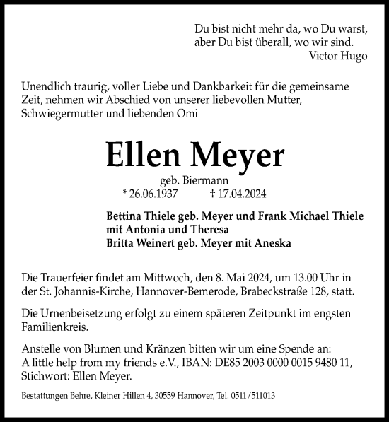 Traueranzeige von Ellen Meyer von Hannoversche Allgemeine Zeitung/Neue Presse