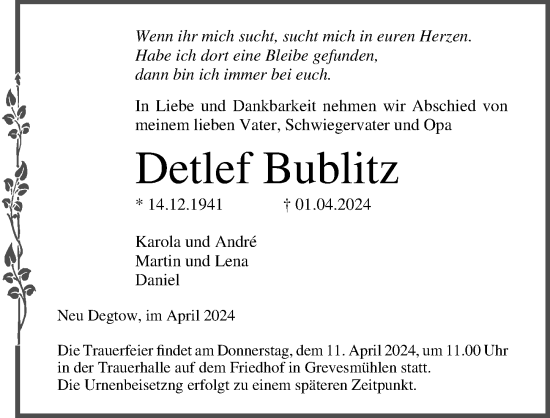 Traueranzeige von Detlef Bublitz von Ostsee-Zeitung GmbH
