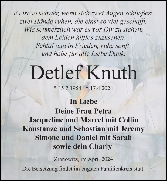 Traueranzeige von Detlef Knuth von Ostsee-Zeitung GmbH