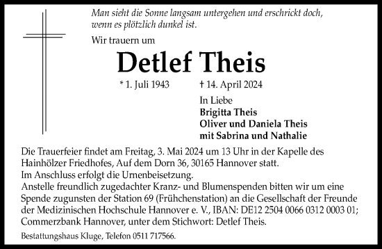 Traueranzeige von Detlef Theis von Hannoversche Allgemeine Zeitung/Neue Presse