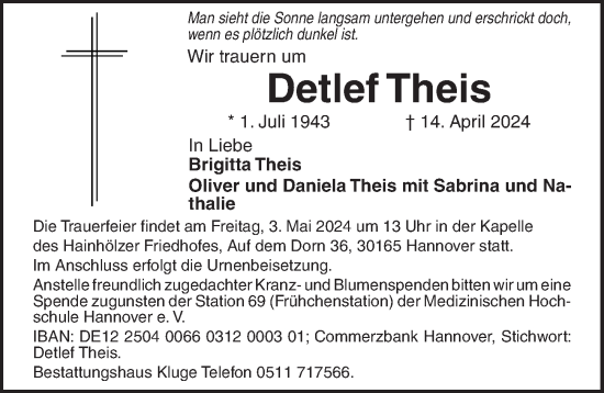 Traueranzeige von Detlef Theis von Hannoversche Allgemeine Zeitung/Neue Presse