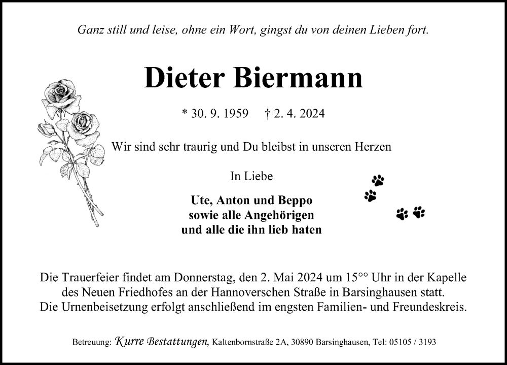  Traueranzeige für Dieter Biermann vom 27.04.2024 aus Hannoversche Allgemeine Zeitung/Neue Presse
