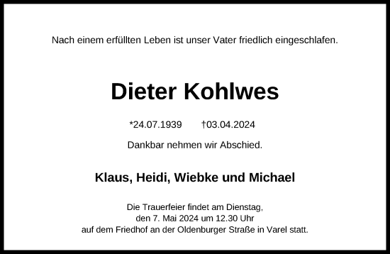 Traueranzeige von Dieter Kohlwes von Kieler Nachrichten