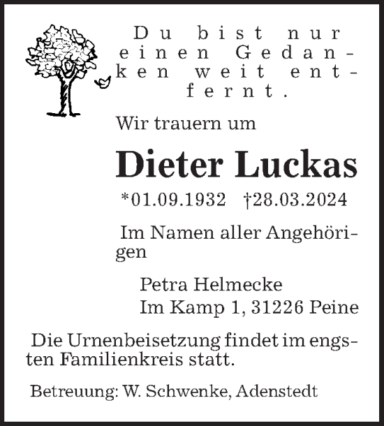 Traueranzeige von Dieter Luckas von Peiner Allgemeine Zeitung