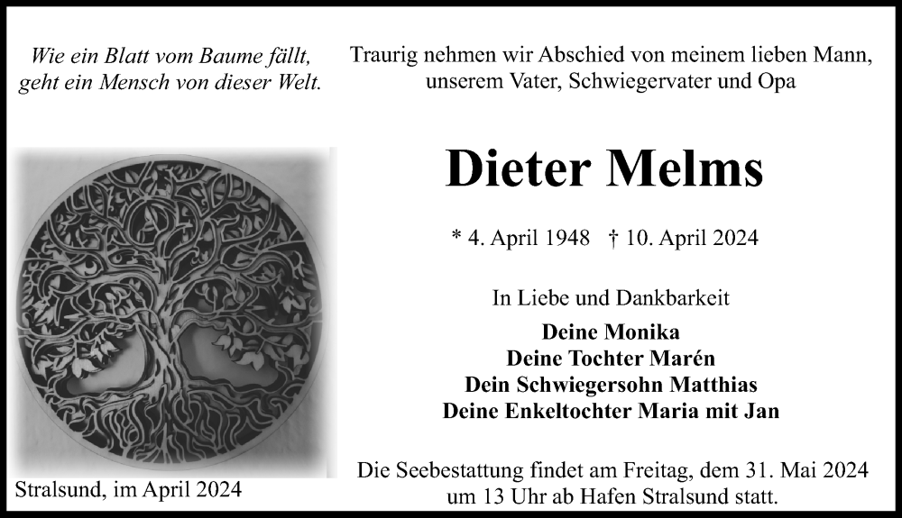  Traueranzeige für Dieter Melms vom 20.04.2024 aus Ostsee-Zeitung GmbH