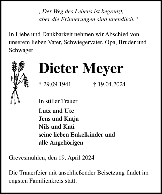 Traueranzeige von Dieter Meyer von Ostsee-Zeitung GmbH