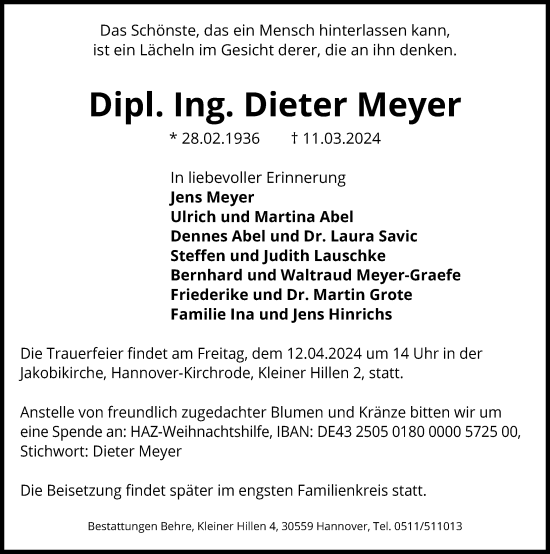 Traueranzeige von Dieter Meyer von Hannoversche Allgemeine Zeitung/Neue Presse