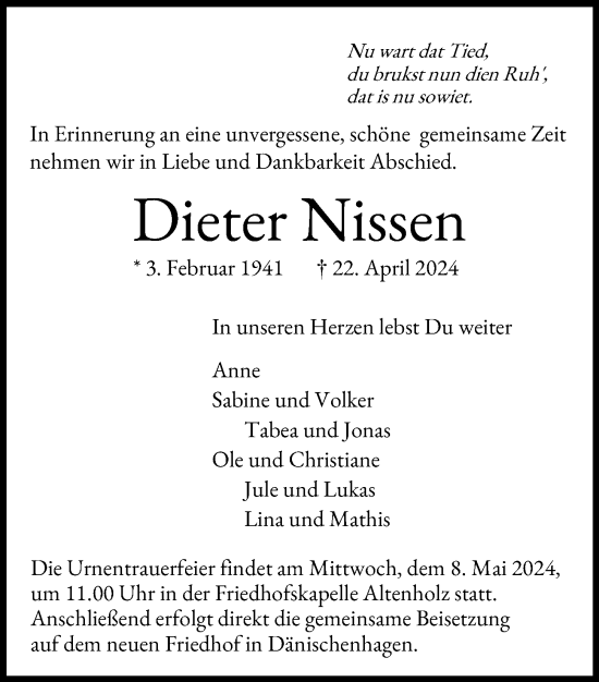 Traueranzeige von Dieter Nissen von Kieler Nachrichten