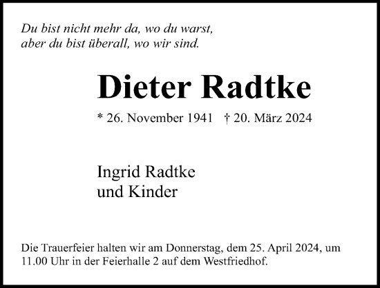 Traueranzeige von Dieter Radtke von Ostsee-Zeitung GmbH