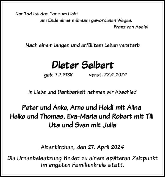 Traueranzeige von Dieter Selbert von Ostsee-Zeitung GmbH