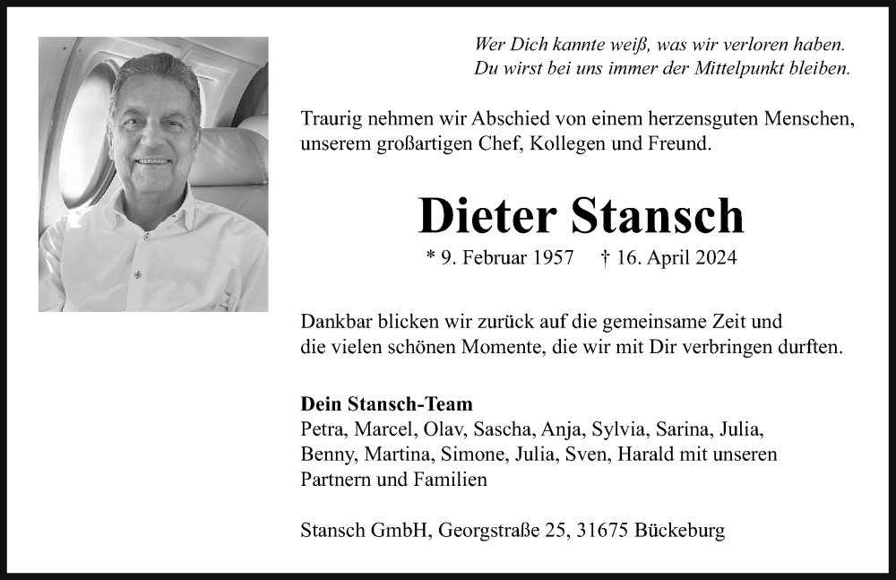  Traueranzeige für Dieter Stansch vom 20.04.2024 aus Schaumburger Nachrichten