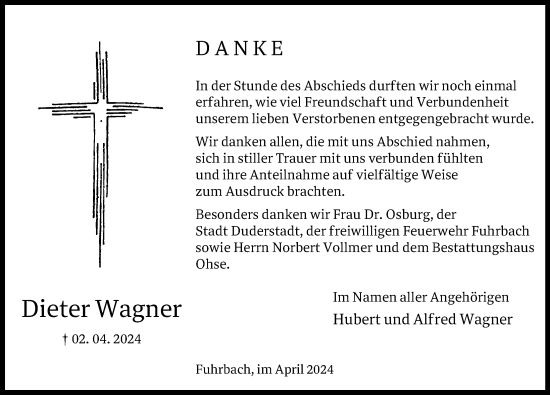 Traueranzeige von Dieter Wagner von Eichsfelder Tageblatt
