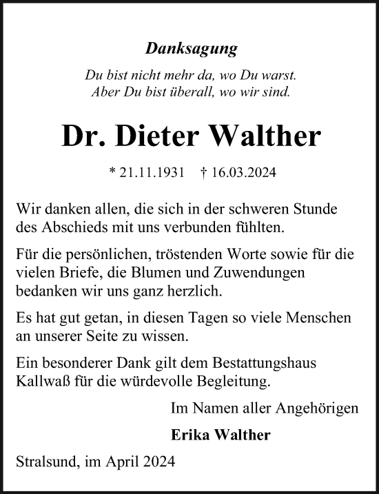 Traueranzeige von Dieter Walther von Ostsee-Zeitung GmbH