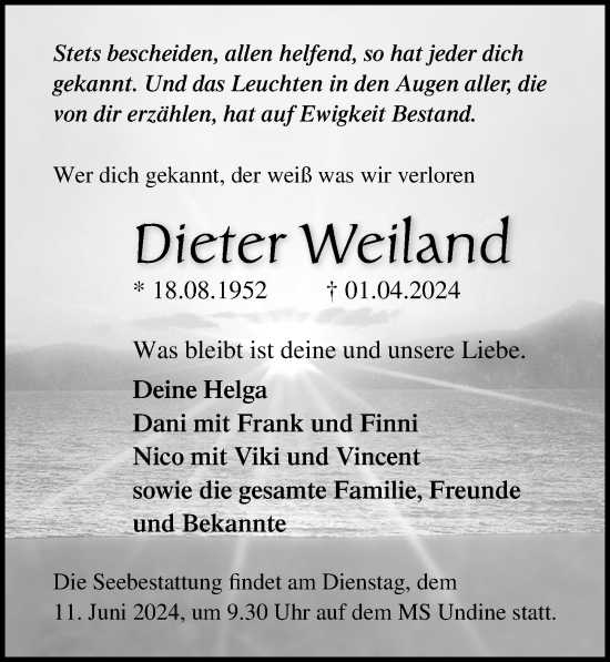 Traueranzeige von Dieter Weiland von Ostsee-Zeitung GmbH