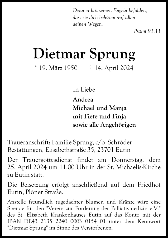  Traueranzeige für Dietmar Sprung vom 20.04.2024 aus Lübecker Nachrichten